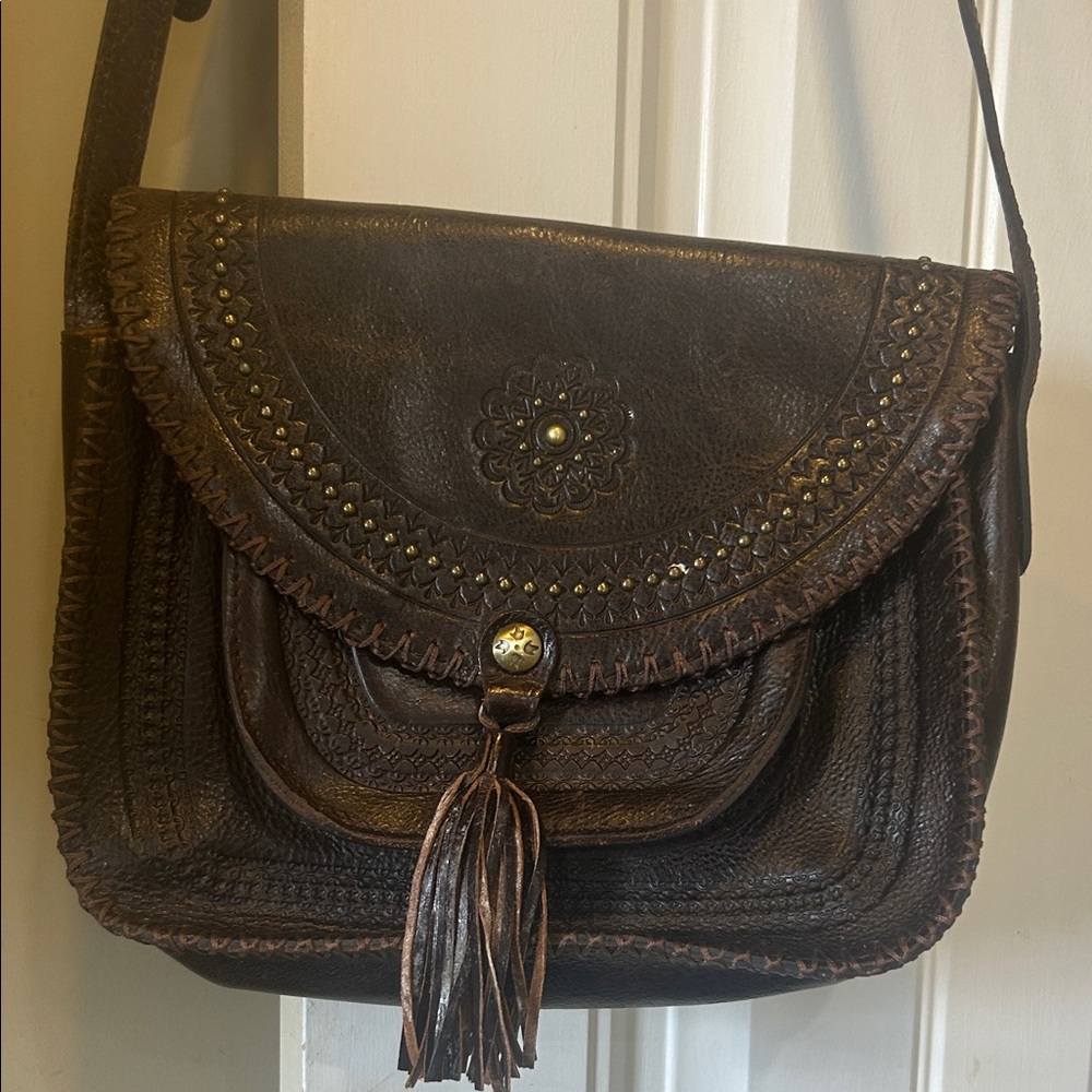 Patricia Nash Brown Embossed Leather Crossbody with Tassel and Studs